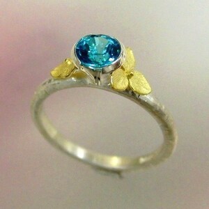 Blue Topaz Ring, December Birthstone Stacking Ring, Gemstone Ring, Botanical Flower Ring, 18k gold Hydrangea Flowers, Made to order image 2