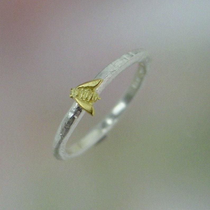 Stackable Bee Ring, Honey Bee Stacking Ring, Sterling Silver Bee Ring, Tiny 18k Gold Bee, Made to order image 4