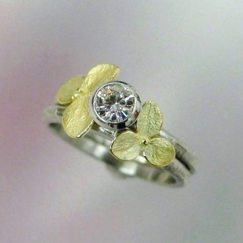 Floral Engagement Ring Set, Moissanite Wedding Band Set, White Gold, Yellow Gold Hydrangeas, Engagement Wedding Ring Set, Made to order image 2