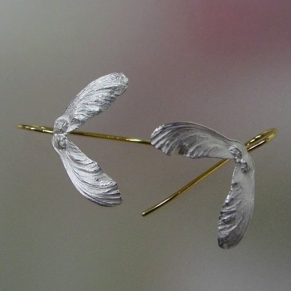 Japanese Maple Seed Earrings Sterling Silver, 14k Earwires