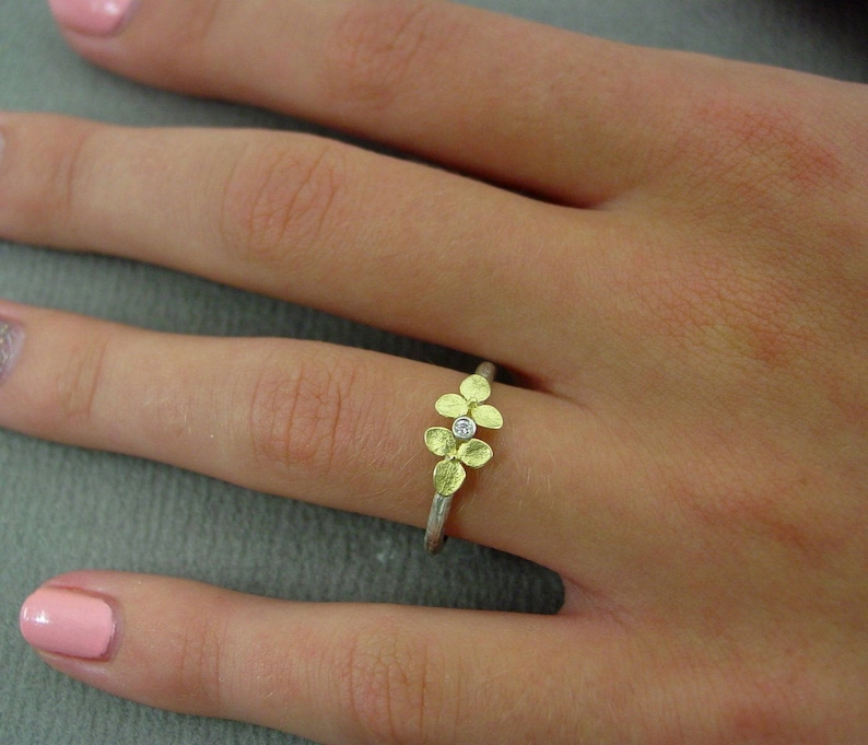 Diamond Engagement Ring, Floral Botanical Jewelry, Stacking Ring, Flower Ring, Tiny 18k Gold Hydrangea, Sterling Silver Band, Made to order image 6