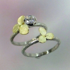 Floral Engagement Ring Set, Moissanite Wedding Band Set, White Gold, Yellow Gold Hydrangeas, Engagement Wedding Ring Set, Made to order image 4