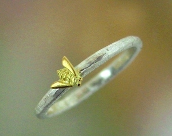 Stackable Bee Ring, Honey Bee Stacking Ring, Sterling Silver Bee Ring, Tiny 18k Gold Bee,  Made to order