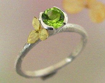 Peridot Stacking Ring, Botanical Peridot Ring, Sterling Silver, 18k Gold, Floral August Birthstone, Made to Order