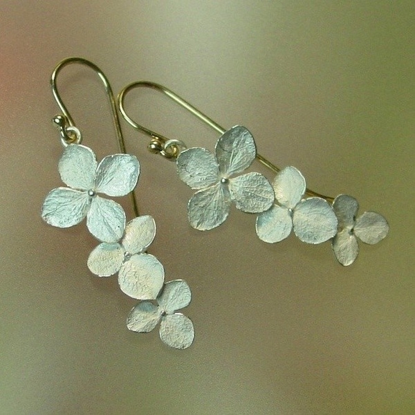 Hydrangea Flower Earrings, Botanical Earrings, Dangle Earrings, Silver Drop Earrings, Sterling Flowers, 14k Gold Ear wires, Made to order