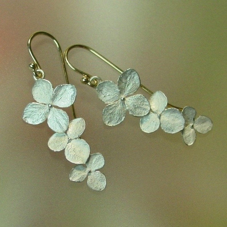 Hydrangea Flower Earrings, Botanical Earrings, Dangle Earrings, Silver Drop Earrings, Sterling Flowers, 14k Gold Ear wires, Made to order image 1