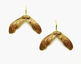 Japanese Maple Seed Earrings in Bronze and 14k gold, Drop Earrings, Botanical, Made to order