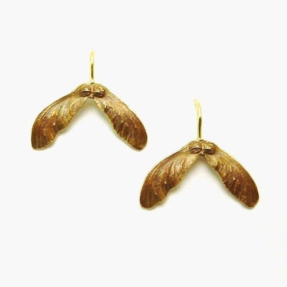 Japanese Maple Seed Earrings in Bronze and 14k Gold, Drop