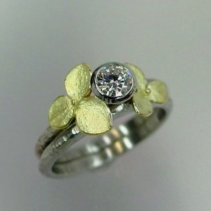 Floral Engagement Ring Set, Moissanite Wedding Band Set, White Gold, Yellow Gold Hydrangeas, Engagement Wedding Ring Set, Made to order image 1