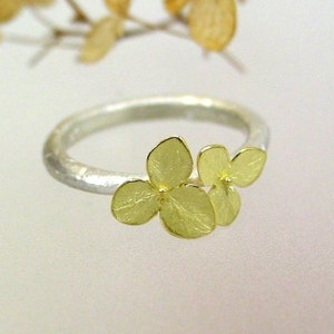 Silver and Gold Ring Hydrangea Stacking Ring, Twig, Leaf Ring, Botanical Jewelry, 18k Flowers, Made To Order image 5