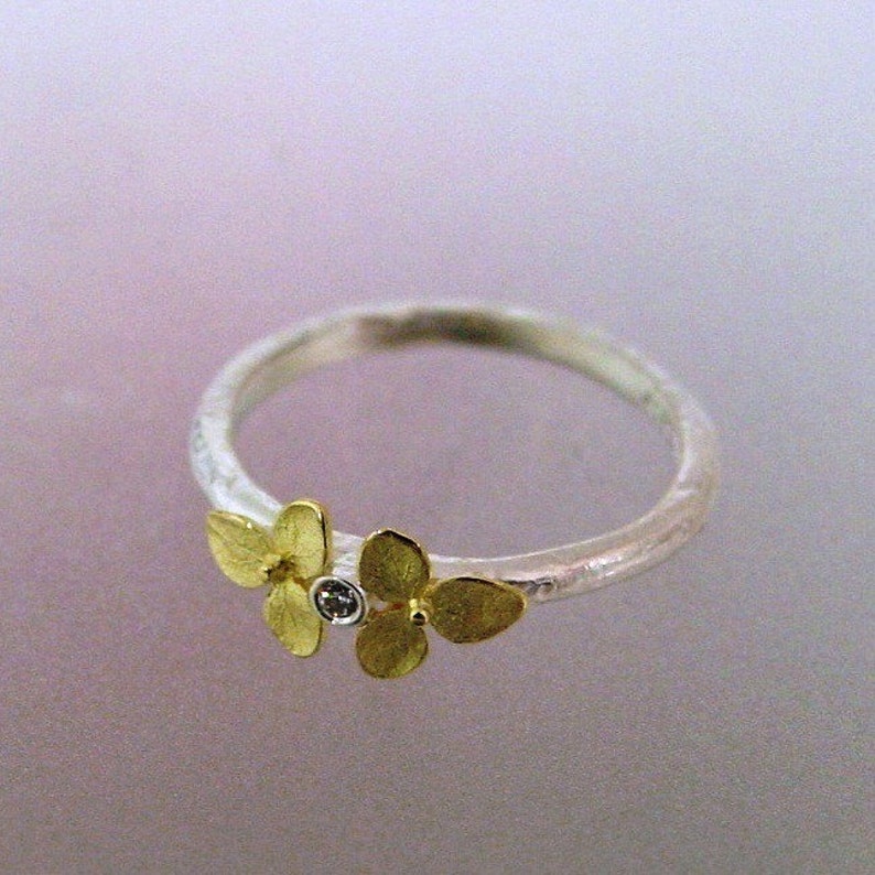Diamond Engagement Ring, Floral Botanical Jewelry, Stacking Ring, Flower Ring, Tiny 18k Gold Hydrangea, Sterling Silver Band, Made to order image 5