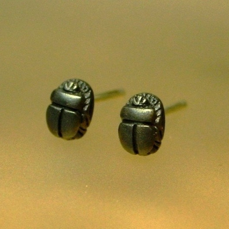 May include: A pair of silver stud earrings featuring a detailed scarab beetle design.