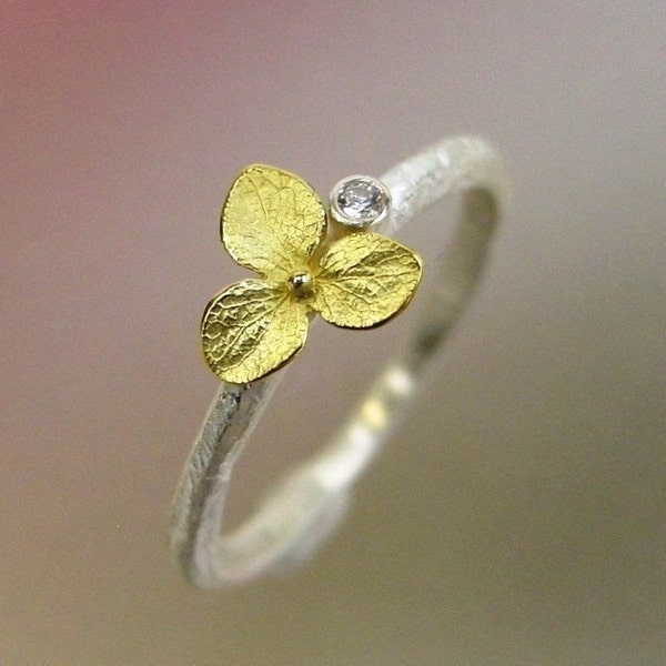 Hydrangea Blossom, Diamond Stacking Ring, Sterling Silver, 18k Gold Flower