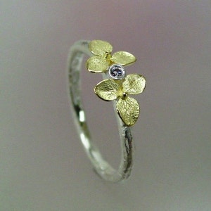 Diamond Engagement Ring, Floral Botanical Jewelry, Stacking Ring, Flower Ring, Tiny 18k Gold Hydrangea, Sterling Silver Band, Made to order image 2