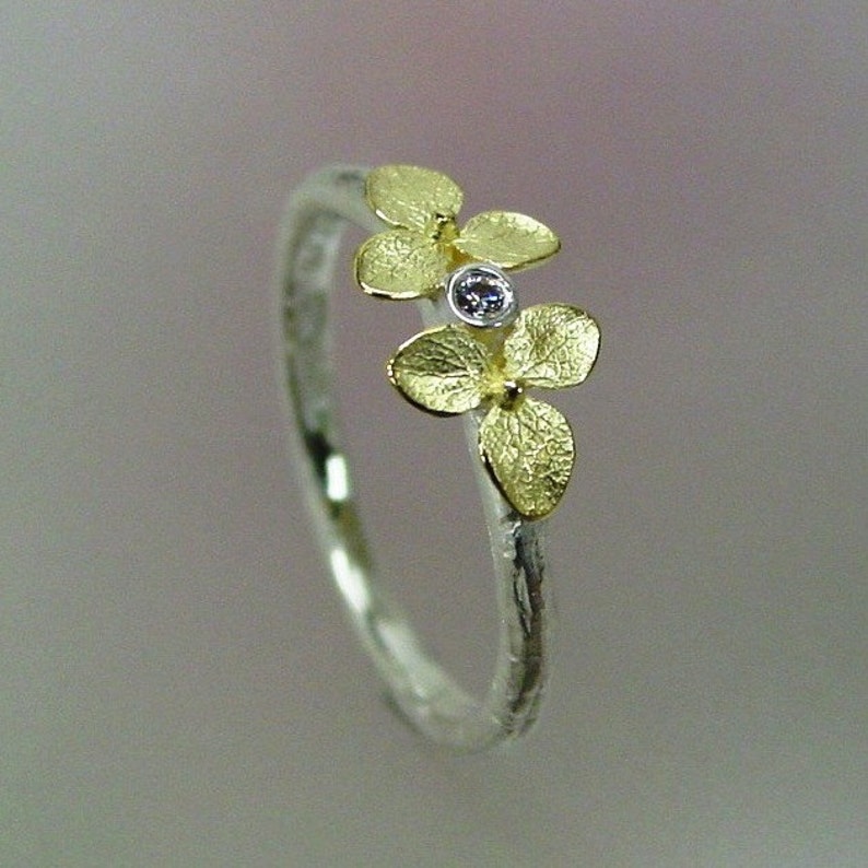 Diamond Engagement Ring, Floral Botanical Jewelry, Stacking Ring, Flower Ring, Tiny 18k Gold Hydrangea, Sterling Silver Band, Made to order image 2