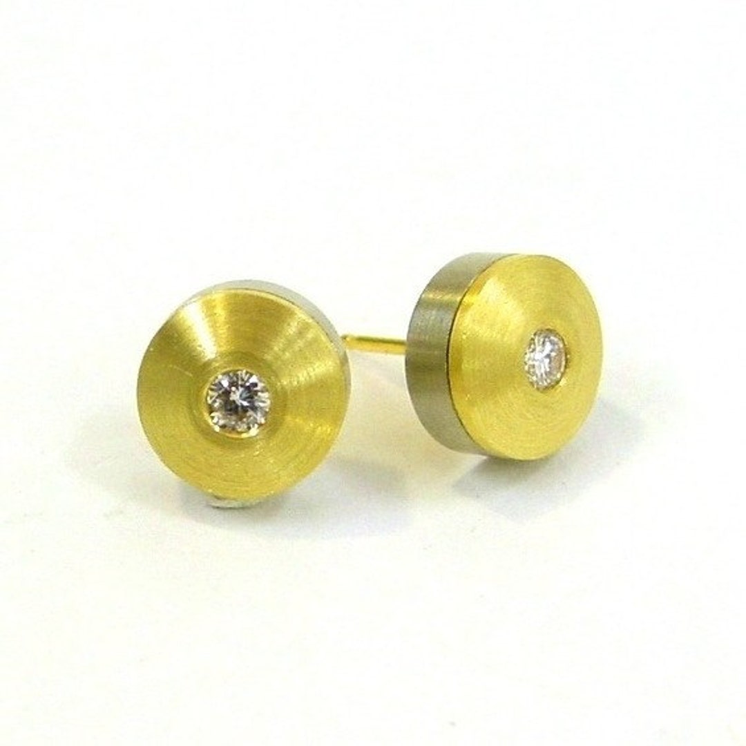 Contemporary Diamond Stud Earrings 18k Yellow Gold, White Gold, Diamond Earrings, Ready to Ship