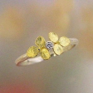 Diamond Engagement Ring, Floral Botanical Jewelry, Stacking Ring, Flower Ring, Tiny 18k Gold Hydrangea, Sterling Silver Band, Made to order image 1