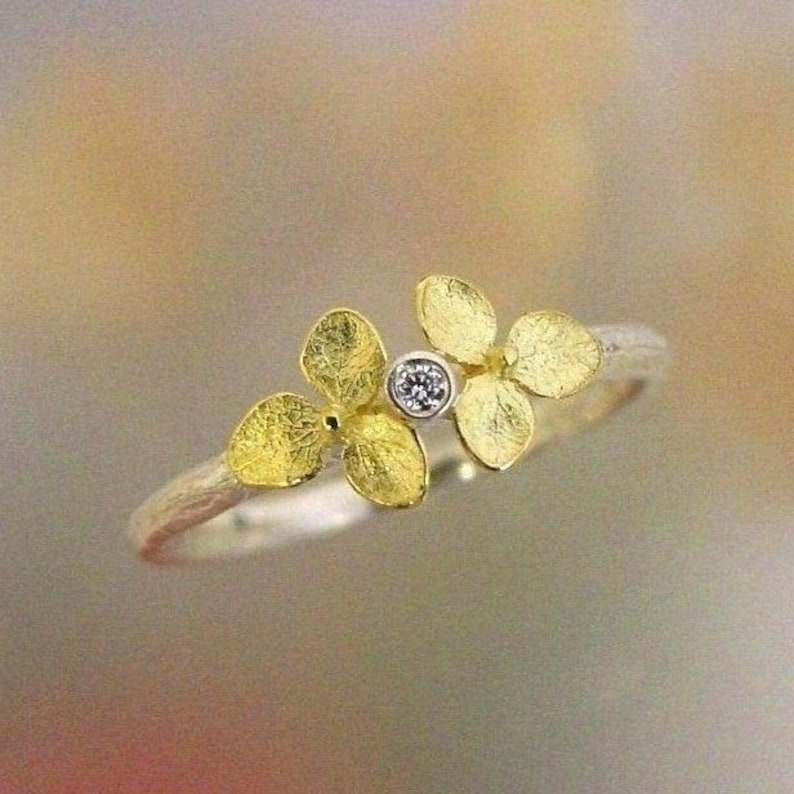 Diamond Engagement Ring, Floral Botanical Jewelry, Stacking Ring, Flower Ring, Tiny 18k Gold Hydrangea, Sterling Silver Band, Made to order image 1