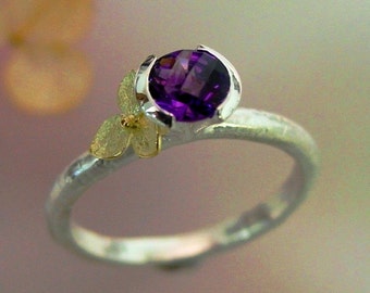 Amethyst Stacking Ring, Rose Cut Amethyst, Purple Gemstone, 18k Gold Hydrangea, Sterling, February Birthstone, Unique, Made to Order