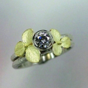 Floral Engagement Ring Set, Moissanite Wedding Band Set, White Gold, Yellow Gold Hydrangeas, Engagement Wedding Ring Set, Made to order image 3