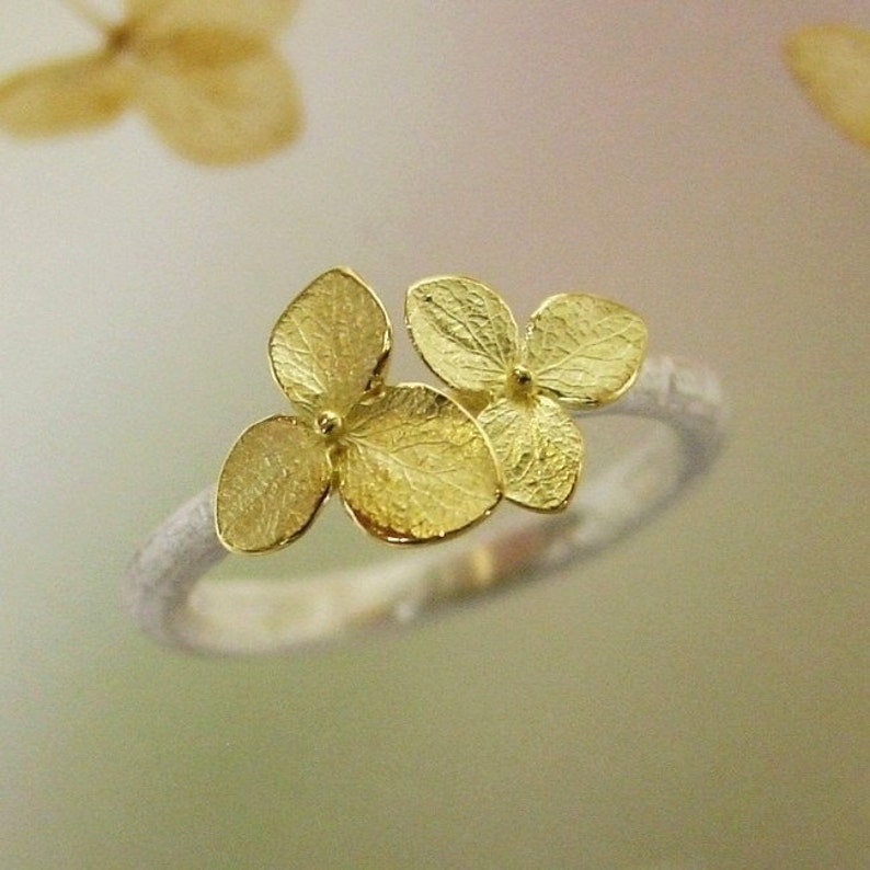 Silver and Gold Ring Hydrangea Stacking Ring, Twig, Leaf Ring, Botanical Jewelry, 18k Flowers, Made To Order image 4