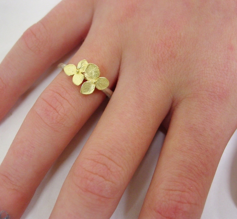 Silver and Gold Ring Hydrangea Stacking Ring, Twig, Leaf Ring, Botanical Jewelry, 18k Flowers, Made To Order image 6