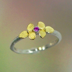 Sapphire Ring, Pink Sapphire Gemstone, Tiny Gold Flowers, Hydrangea Jewelry, Silver Flower Ring, 18k, Sterling Silver, Made to order