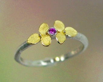 Sapphire Ring, Pink Sapphire Gemstone, Tiny Gold Flowers, Hydrangea Jewelry, Silver Flower Ring, 18k, Sterling Silver, Made to order