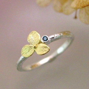 Blue Diamond Engagement Ring, Botanical Gemstone Stacking Ring, Hydrangea Blossom Sterling Silver, 18k Gold Flower Made to Order