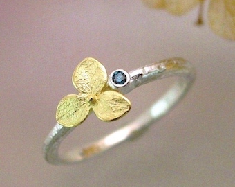 Blue Diamond Engagement Ring, Botanical Gemstone Stacking Ring, Hydrangea Blossom Sterling Silver, 18k Gold Flower Made to Order