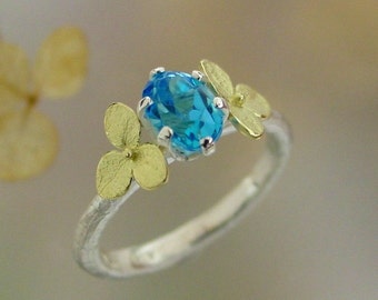 Blue Topaz Gemstone Ring, Alternative Engagement Ring, Unique Engagement, 18k Gold Hydrangea, Silver Gold Ring, Made to Order