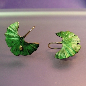 Ginkgo Leaf Earrings, Tiny 18k insect, 18k Gold Earwires, Green Patina, Made to order