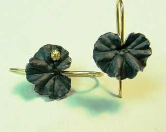 Drop Earrings, Botanical Jewelry, Geranium Leaf Oxidized Silver Earrings, 18k gold Ladybug, 14k Gold Earwires, Made to order