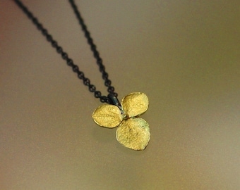 Flower Necklace, Hydrangea, Gold Flower Pendant on Blackend Silver Chain, 18k gold, Sterling Silver, Made to order