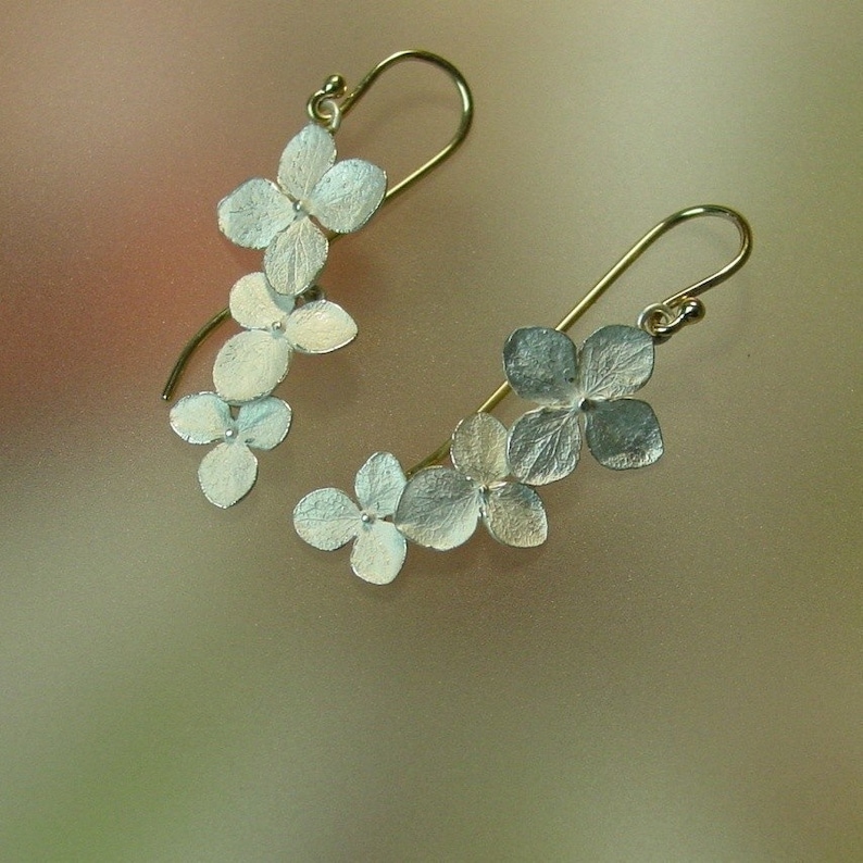 Hydrangea Flower Earrings, Botanical Earrings, Dangle Earrings, Silver Drop Earrings, Sterling Flowers, 14k Gold Ear wires, Made to order image 2