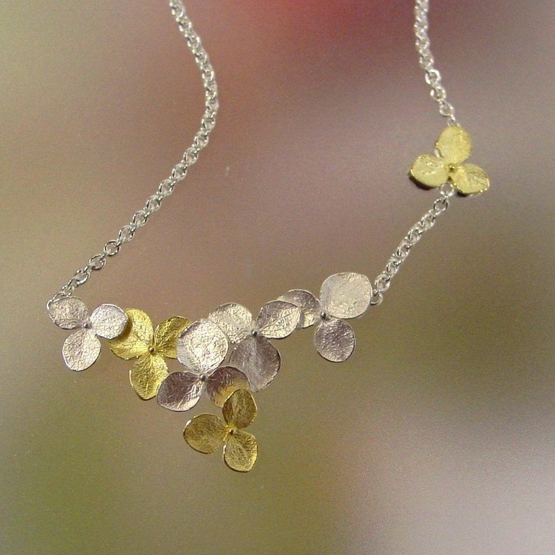 Silver and Gold Hydrangea Cluster Necklace, Wedding Necklace, Flower Necklace, Sterling silver 18k, gold, Made To Order image 3