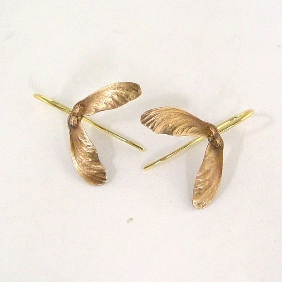 Japanese Maple Seed Earrings in Bronze and 14k Gold, Drop