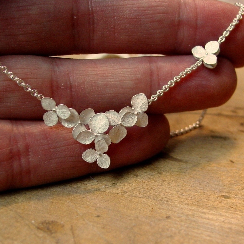 Floral Necklace, Hydrangea Flower Cluster Necklace, Sterling Flower Wedding Necklace, Delicate Necklace, Made to order image 5