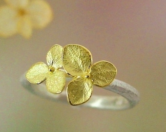 Silver and Gold Ring Hydrangea Stacking Ring, Twig, Leaf Ring, Botanical Jewelry, 18k Flowers, Made To Order