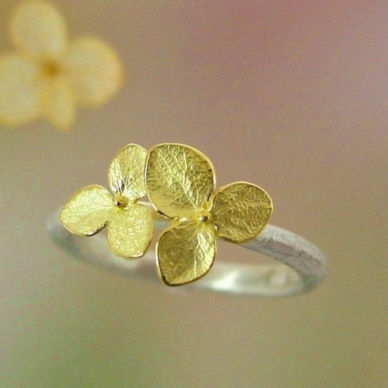 Silver and Gold Ring Hydrangea Stacking Ring, Twig, Leaf Ring, Botanical Jewelry, 18k Flowers, Made To Order image 1