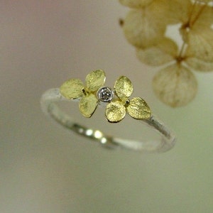Diamond Engagement Ring, Floral Botanical Jewelry, Stacking Ring, Flower Ring, Tiny 18k Gold Hydrangea, Sterling Silver Band, Made to order image 4