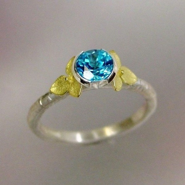 Blue Topaz Ring, December Birthstone Stacking Ring, Gemstone Ring, Botanical Flower Ring, 18k gold Hydrangea Flowers, Made to order