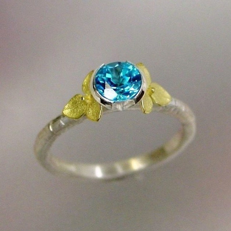 Blue Topaz Ring, December Birthstone Stacking Ring, Gemstone Ring, Botanical Flower Ring, 18k gold Hydrangea Flowers, Made to order image 1