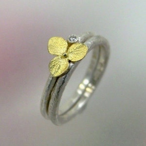 Wedding Ring Set, Diamond Engagement Ring, Hydrangea Ring, Matching Wedding Band, Sterling Silver, 18k Gold, Made to order