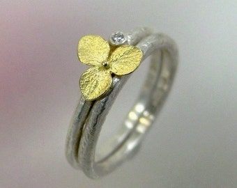 Wedding Ring Set, Diamond Engagement Ring, Hydrangea Ring, Matching Wedding Band, Sterling Silver, 18k Gold, Made to order