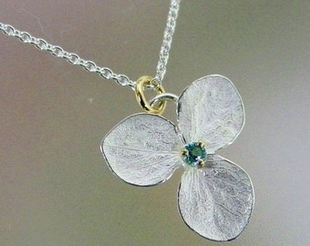 Blue Topaz Necklace, Hydrangea Flower Necklace, Sterling Silver Flower, Delicate Necklace, Unique Necklace, 18k Gold Details, Made to Order