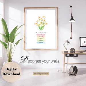 Peut inclure: Une impression d'art mural imprimable numérique avec une illustration aquarelle d'un bouquet de marguerites blanches. L'impression présente le texte "Cette année, soyons plus" et une liste de qualités positives : sagesse, connaissance, confiance, amour de soi et compassion. L'impression est encadrée et affichée sur un mur blanc.