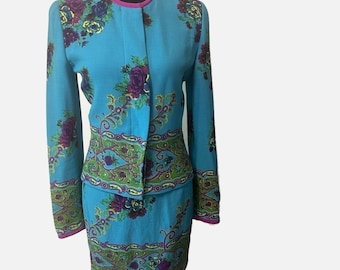 Vintage Women’s Wool Suit 2 Piece Skirt Made in Italy Sz 8 Floral Teal Lined