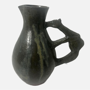 Vintage Art Pottery Rustic Brutalist Terracotta Pitcher Vase Animal Handle