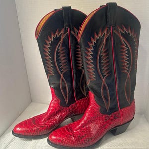 Op de afbeelding: Een paar zwart-rode cowboylaarzen met een voet van gestructureerd rood leer met slangenprint en een zwarte schacht. De zwarte schacht is versierd met ingewikkelde rood-witte zigzagstiksels en rode biezen langs de naden.